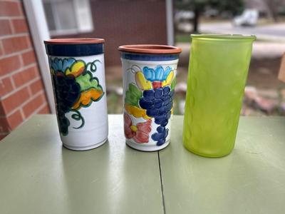 Set of 3 Vases 2 clay w/grape paintings