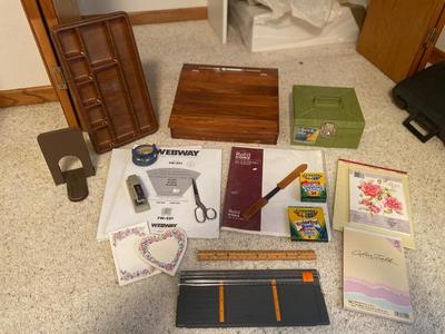 NICE DESK ORGANIZER, LOCK BOX W/KEY, & OTHER OFFICE SUPPLIES