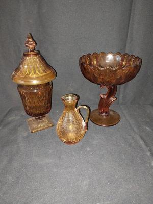 VINTAGE GOLD/YELLOW GLASS CANDY DISH'S & BOTTLE