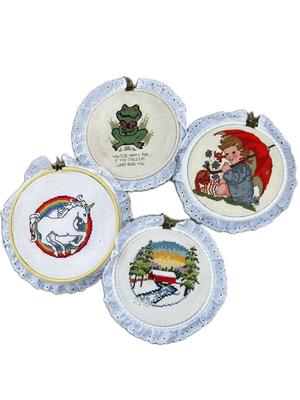 Set of 4 Cross stitched decor Unicorn, Frog, Pig Mountains