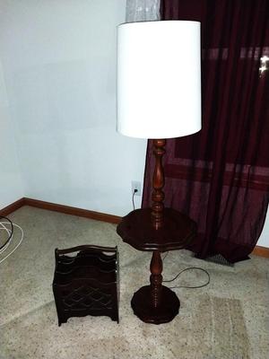 WOODEN FLOOR LAMP AND VINTAGE WOODEN MAGAZINE HOLDER