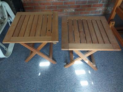 TWO WOODEN PATIO ENDTABLES