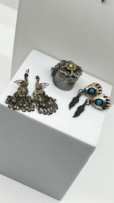 LOT 2: Sterling Collection: Necklace, Native American Pierced Earrings, Peacock Earrings and Pill Holder