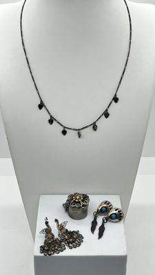 LOT 2: Sterling Collection: Necklace, Native American Pierced Earrings, Peacock Earrings and Pill Holder