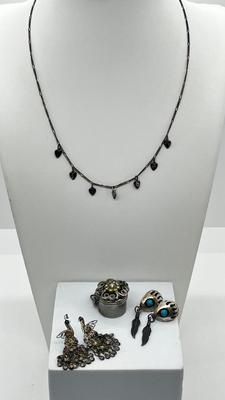 LOT 2: Sterling Collection: Necklace, Native American Pierced Earrings, Peacock Earrings and Pill Holder