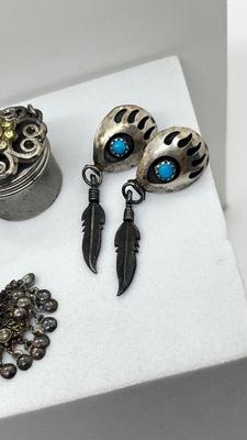LOT 2: Sterling Collection: Necklace, Native American Pierced Earrings, Peacock Earrings and Pill Holder