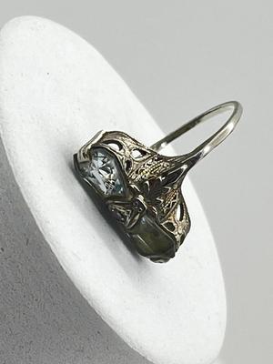 LOT 3: 14K White Gold, Aquamarine and Diamond Art Deco Filigree Ring - Size 5