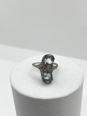 LOT 3: 14K White Gold, Aquamarine and Diamond Art Deco Filigree Ring - Size 5