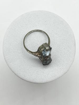 LOT 3: 14K White Gold, Aquamarine and Diamond Art Deco Filigree Ring - Size 5