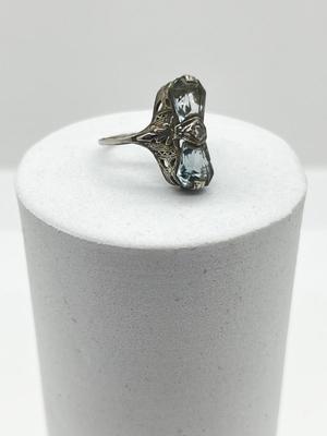 LOT 3: 14K White Gold, Aquamarine and Diamond Art Deco Filigree Ring - Size 5