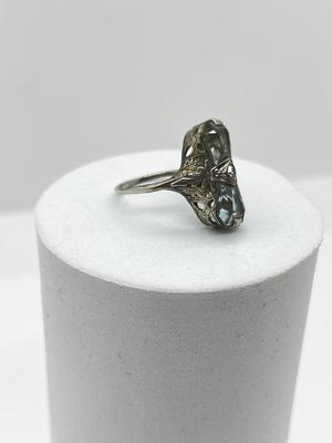 LOT 3: 14K White Gold, Aquamarine and Diamond Art Deco Filigree Ring - Size 5