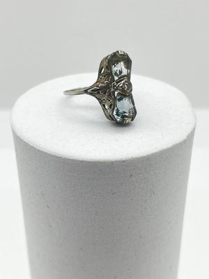 LOT 3: 14K White Gold, Aquamarine and Diamond Art Deco Filigree Ring - Size 5