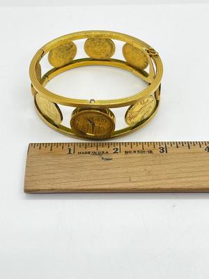 LOT 7: Franklin Mint Goldtone Golden Caribbean 22K Electroplated "1987" Coin Bangle Watch