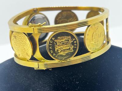 LOT 7: Franklin Mint Goldtone Golden Caribbean 22K Electroplated "1987" Coin Bangle Watch