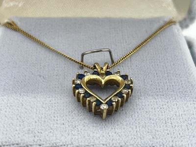 LOT 8: 14K Yellow Gold, Sapphire and Diamond Heart Pendant Necklace - 18" - 4 GTW