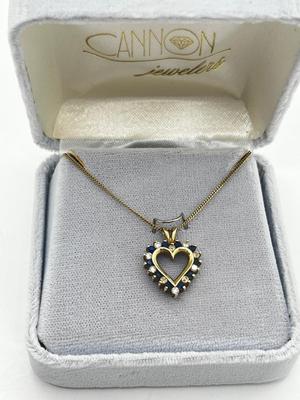 LOT 8: 14K Yellow Gold, Sapphire and Diamond Heart Pendant Necklace - 18" - 4 GTW