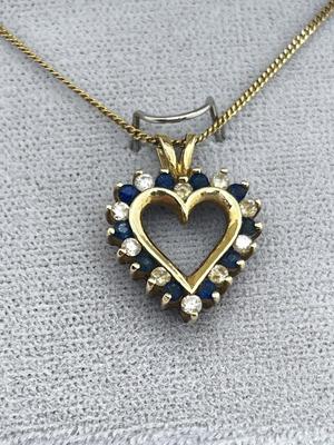 LOT 8: 14K Yellow Gold, Sapphire and Diamond Heart Pendant Necklace - 18" - 4 GTW