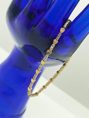 LOT 9: 14K Yellow Gold Hearts and Diamond Chips Bracelet - 7"