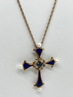 LOT 11: "The Midnight Sapphire" - 14K Yellow Gold, Diamond, Sapphire and Pearl Enameled Cross from the House of Igor Carol Faberge