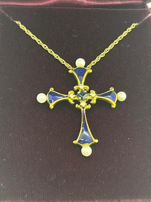 LOT 11: "The Midnight Sapphire" - 14K Yellow Gold, Diamond, Sapphire and Pearl Enameled Cross from the House of Igor Carol Faberge