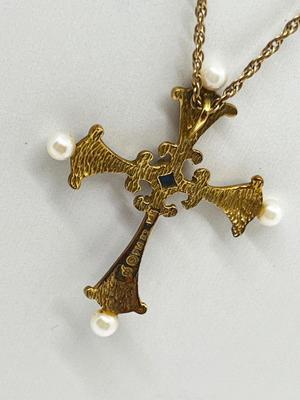 LOT 11: "The Midnight Sapphire" - 14K Yellow Gold, Diamond, Sapphire and Pearl Enameled Cross from the House of Igor Carol Faberge