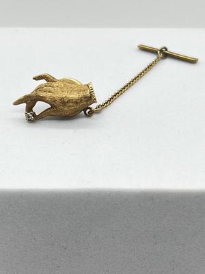 LOT 12: 14K Yellow Gold and Diamond Hand Tie Pin - 2.3 GTW