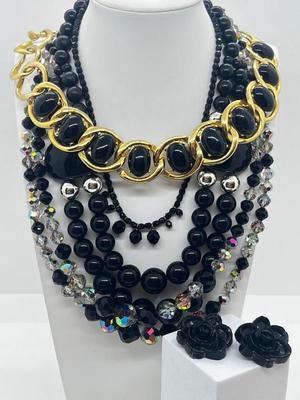LOT 17: Goldtone and Black Beaded Necklace Collection With Floral Clip on Earrings, Aurora Borealis Beads and More!