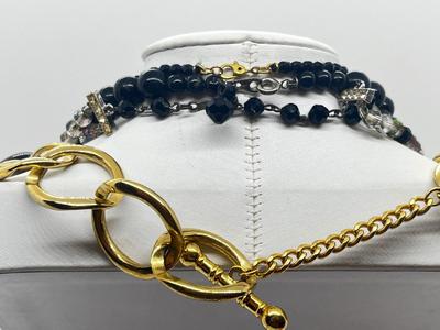 LOT 17: Goldtone and Black Beaded Necklace Collection With Floral Clip on Earrings, Aurora Borealis Beads and More!