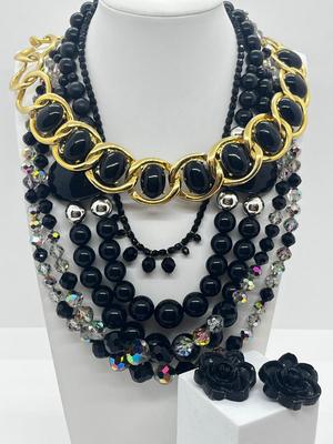 LOT 17: Goldtone and Black Beaded Necklace Collection With Floral Clip on Earrings, Aurora Borealis Beads and More!