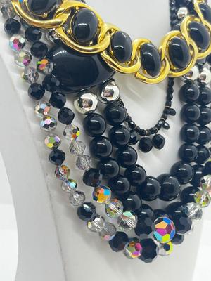 LOT 17: Goldtone and Black Beaded Necklace Collection With Floral Clip on Earrings, Aurora Borealis Beads and More!