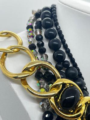 LOT 17: Goldtone and Black Beaded Necklace Collection With Floral Clip on Earrings, Aurora Borealis Beads and More!