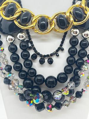 LOT 17: Goldtone and Black Beaded Necklace Collection With Floral Clip on Earrings, Aurora Borealis Beads and More!