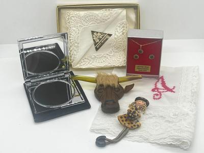 LOT 45: Eclectic Collection - Hankies, PA Hard Coal Necklace and Earring Set, Funky Bull with Lucite Horns and More!