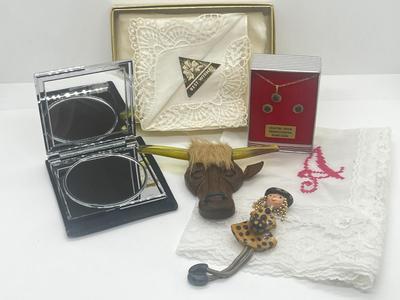 LOT 45: Eclectic Collection - Hankies, PA Hard Coal Necklace and Earring Set, Funky Bull with Lucite Horns and More!