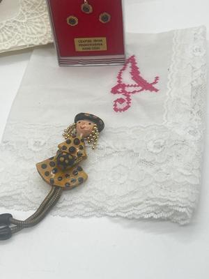 LOT 45: Eclectic Collection - Hankies, PA Hard Coal Necklace and Earring Set, Funky Bull with Lucite Horns and More!
