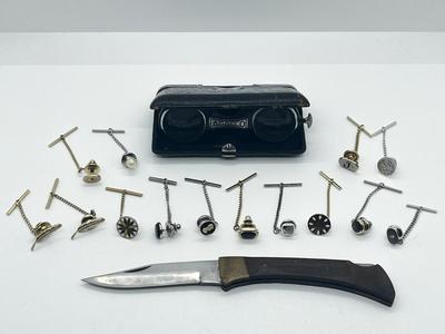 LOT 53: Tie Pins, Mini Binoculars and Pocket Knife