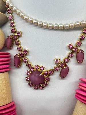 LOT 54: Goldtone Pink Satin Glass Necklace, Crown Trifari Faux Pearls, Wooded Beaded Necklaces and More!