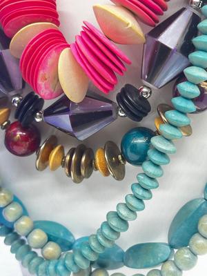 LOT 54: Goldtone Pink Satin Glass Necklace, Crown Trifari Faux Pearls, Wooded Beaded Necklaces and More!