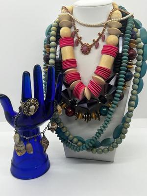 LOT 54: Goldtone Pink Satin Glass Necklace, Crown Trifari Faux Pearls, Wooded Beaded Necklaces and More!