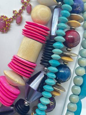 LOT 54: Goldtone Pink Satin Glass Necklace, Crown Trifari Faux Pearls, Wooded Beaded Necklaces and More!