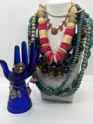 LOT 54: Goldtone Pink Satin Glass Necklace, Crown Trifari Faux Pearls, Wooded Beaded Necklaces and More!