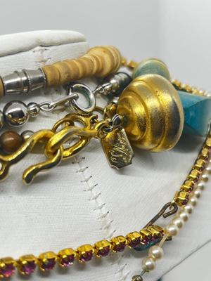 LOT 54: Goldtone Pink Satin Glass Necklace, Crown Trifari Faux Pearls, Wooded Beaded Necklaces and More!