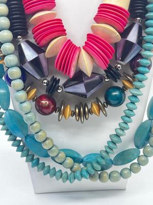 LOT 54: Goldtone Pink Satin Glass Necklace, Crown Trifari Faux Pearls, Wooded Beaded Necklaces and More!
