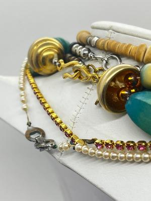LOT 54: Goldtone Pink Satin Glass Necklace, Crown Trifari Faux Pearls, Wooded Beaded Necklaces and More!