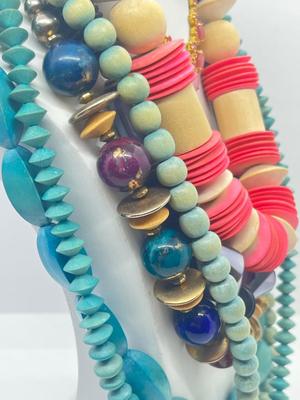 LOT 54: Goldtone Pink Satin Glass Necklace, Crown Trifari Faux Pearls, Wooded Beaded Necklaces and More!