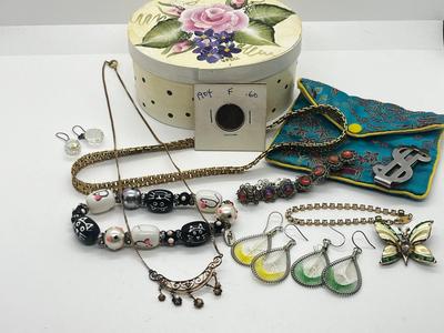 LOT 59: Assorted Treasures: Czech Art Glass "Dragon's Breath" Bracelet, Handpainted Wooden Box, 1904 Penny and Much More!