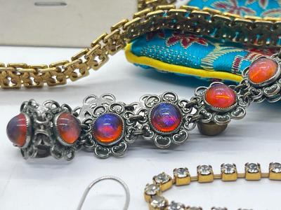 LOT 59: Assorted Treasures: Czech Art Glass "Dragon's Breath" Bracelet, Handpainted Wooden Box, 1904 Penny and Much More!