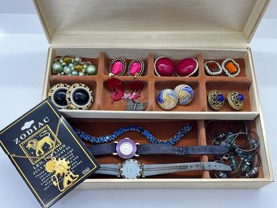 LOT 81: Jewelry Box With Clip On Earring Collection, Watches and More!
