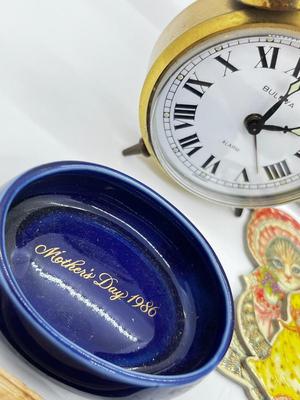 LOT 82: Eclectic Mix of Unique Items and Pretty Floral Box: Mini Vintage Alarm Clock, Holiday Pins and More!