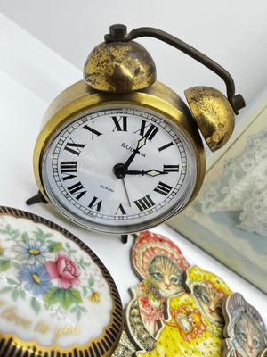 LOT 82: Eclectic Mix of Unique Items and Pretty Floral Box: Mini Vintage Alarm Clock, Holiday Pins and More!